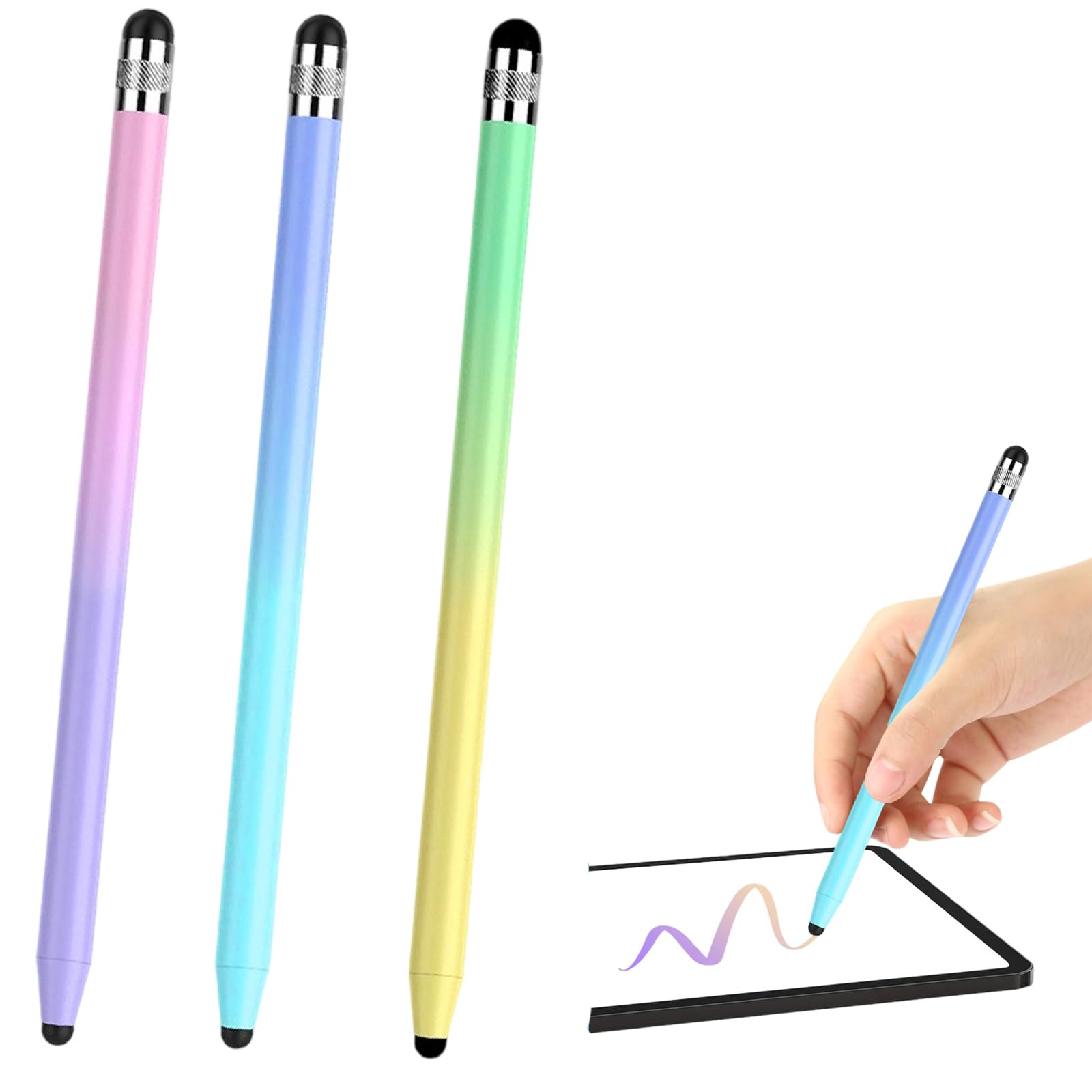 ZTFT タッチペン 3本セット スマホ タッチペン タブレット対応 デジタルノート お絵描き 学習用 グラデーションカラー (青紫×1、黄緑×1、紫ピンク×1)