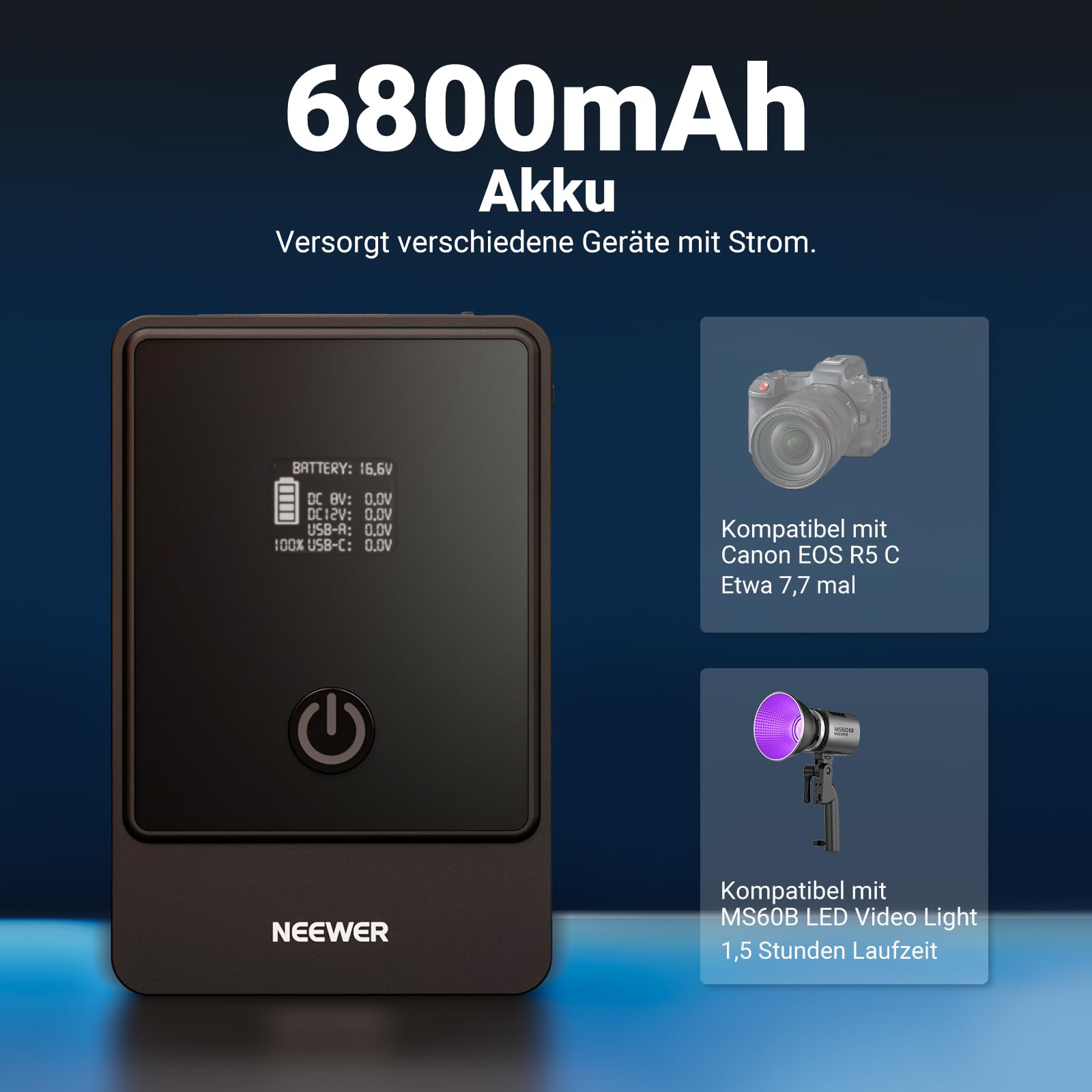 NEEWER Mini V Mount Battery, 6800mAh, 99Wh, 14,5V, Mini V Mount Akku mit 65W PD Typ C/D Tap/BP/USB A/Dual DC Anschluss/OLED Display V Lock Akku für Kamera, Camcorder, Monitor, Videoleuchte, PS099E