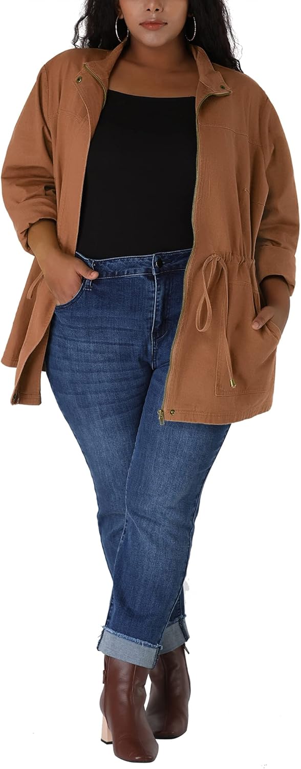 Agnes Orinda Women's Plus Size Anorak Jacket Lightweight Utility Drawstring Waist Casual Outfits Jackets with Pockets