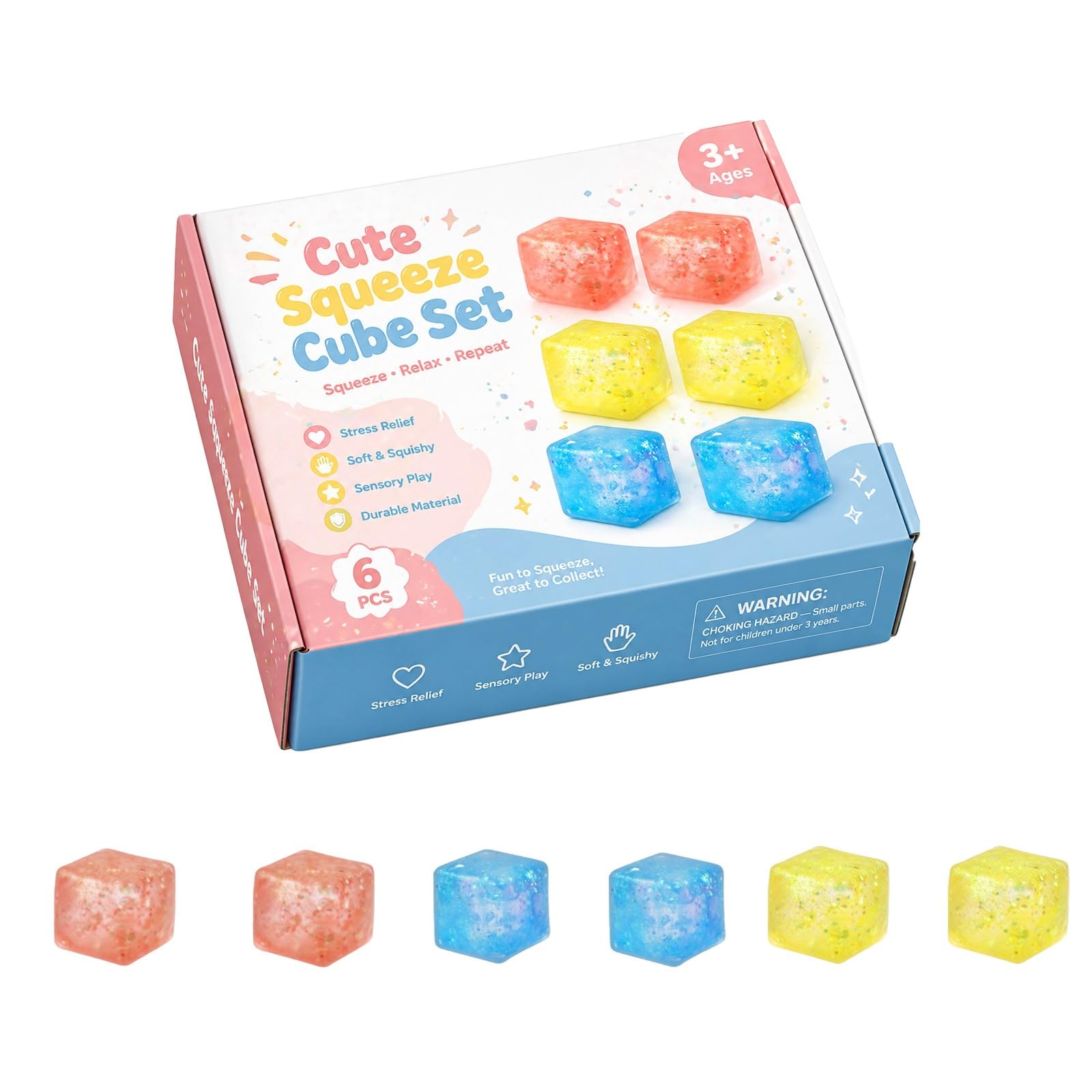 Stress Balls, Squishy Stress Balls Sensory Squeeze Ball for Kids Adults Squishy Fidget Toy Stress Relief Squishy Hand Exercise Balls Sensory Toys for Anxiety Alleviation (cube 6pcs)