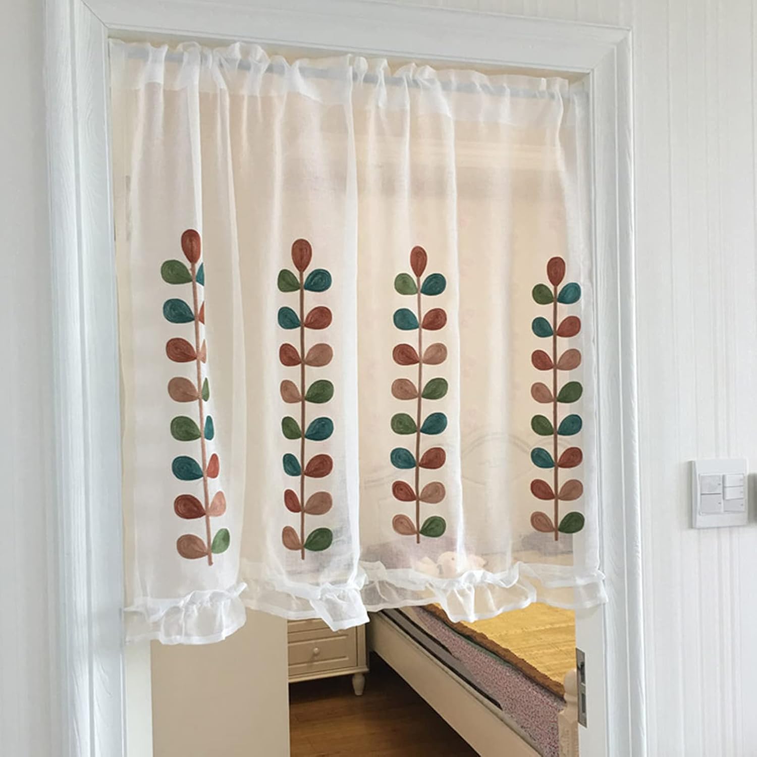Voile Kitchen Curtains,Embroidered Cáfe Curtain Country Style Bistro Curtain,Tier Curtains Valance,Short Blinds Transparent Curtain,for Door/Balcony/Study/Restaurant