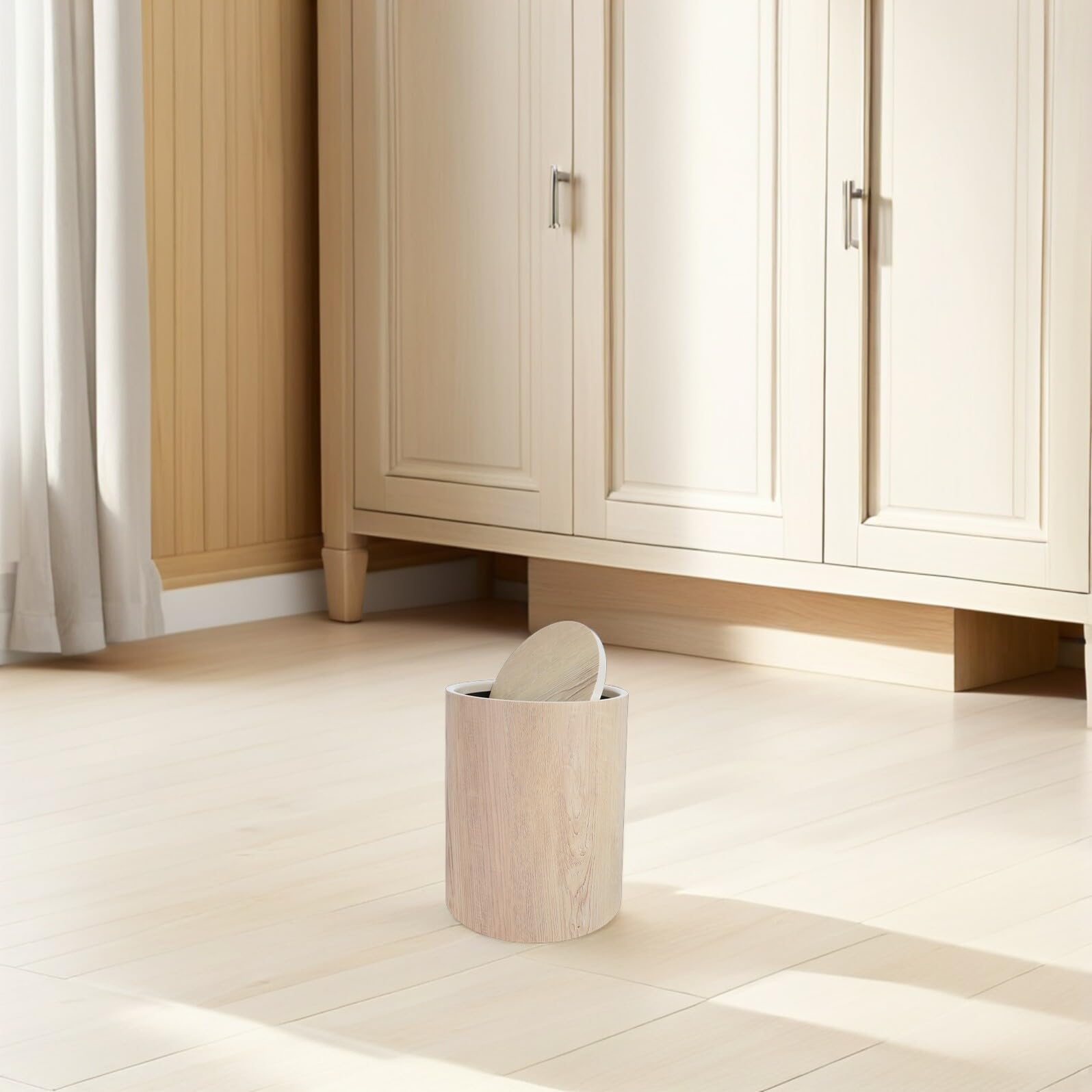 GALPADA Runder Abfalleimer mit Deckel aus Kunststoff in Holzoptik, Beige