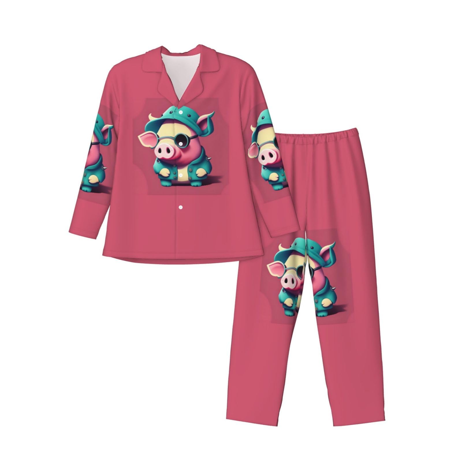 Lindo conjunto de pijama de manga larga para hombre, con estampado de cerdo, traje de dos piezas, transpirable, acogedor, ropa de descanso para el fin de semana