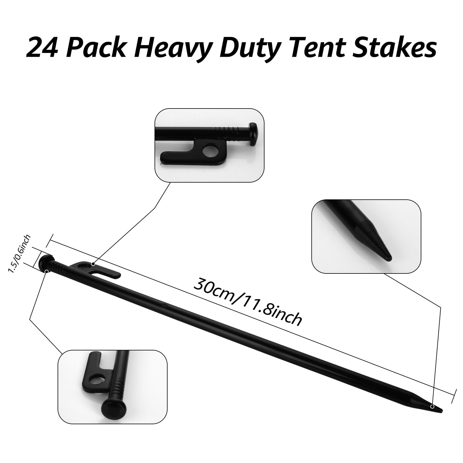 YAYODS 24 Stück Zeltheringe aus Metall, strapazierfähig, 30,5 cm, schwarz, Bodenanker mit Haken und Loch, hochfester, geschmiedeter Stahl, Camping-Zeltheringe für harte Böden, Outdoor, Reisen, Wandern