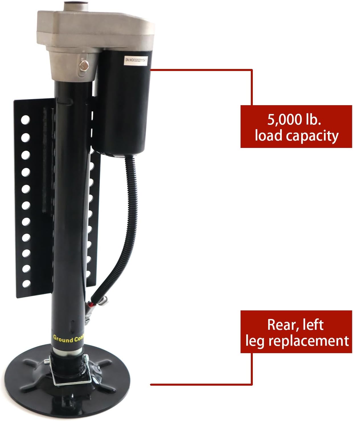 5th Wheel RV Jack Left Leg, Ground Control 3.0 Automatic 5th Wheel RV Leveling System Rear Hall Effect Jack with Motor, 5000 lbs, Black 305339