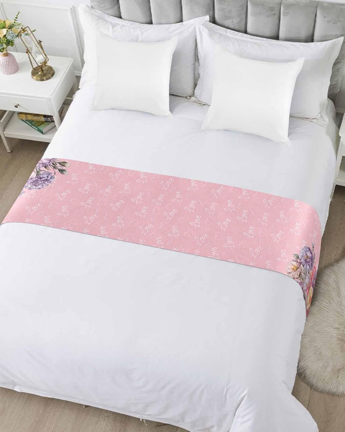 Mother's Day Carnation Blossom Floral Bed Runners for Bedroom Hotel,Decorative Bedding Scarf Watercolor Flower on Pink Bed End Blanket Bedding Runner Scarves for Queen Size Bed,94x20in