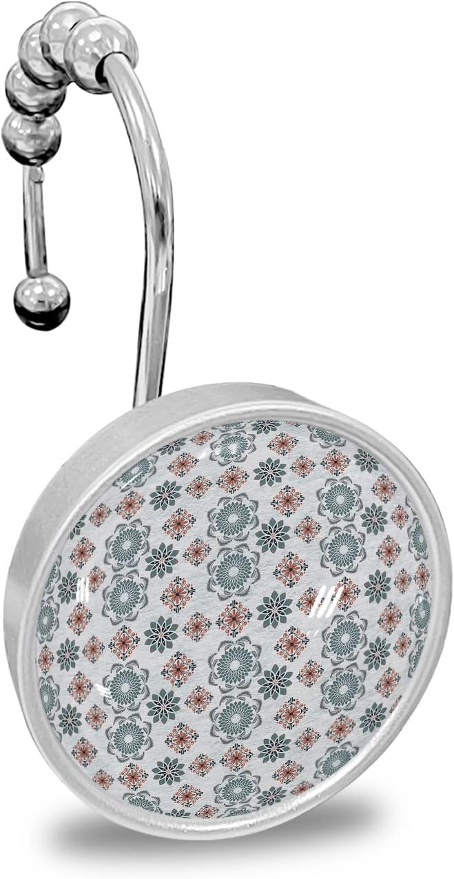 Shower Curtain Hooks 12 Pcs, Abstract Geometric Blue and Orange Flowers Stainless Steel Rust Proof Rolling Shower Curtain Rings, Decorative Shower Curtain Hooks Hangers for Bathroom