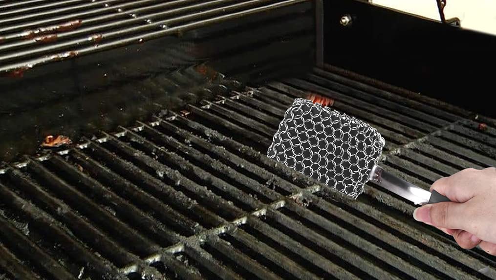 Gusseisen-Reinigungsset Kettennetz-Schrubber + Pfannenschaber – langer Griff 316 Stahl Kettenbürste zum Reinigen von Pfannentopf, Bratpfanne, Metallschrubbebürste, Kohle-Dutch Oven Scrubber Bürste