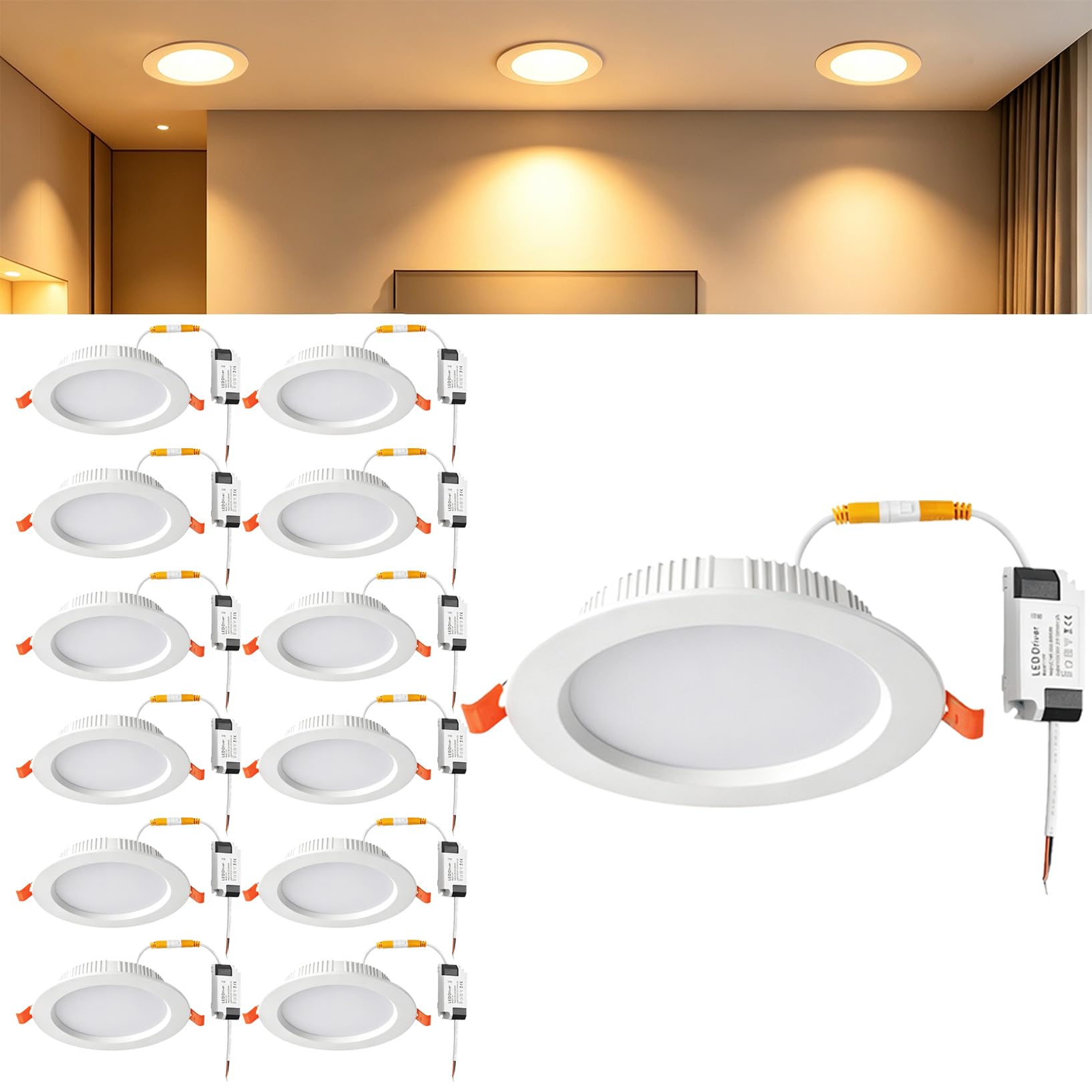 VOGHMOLD 9W LED Recessed Ceiling Lights, Cut Φ90-110mm, AC85-265V 3000K Flush Mount Flat Panel Downlight for Office, 13 Pack