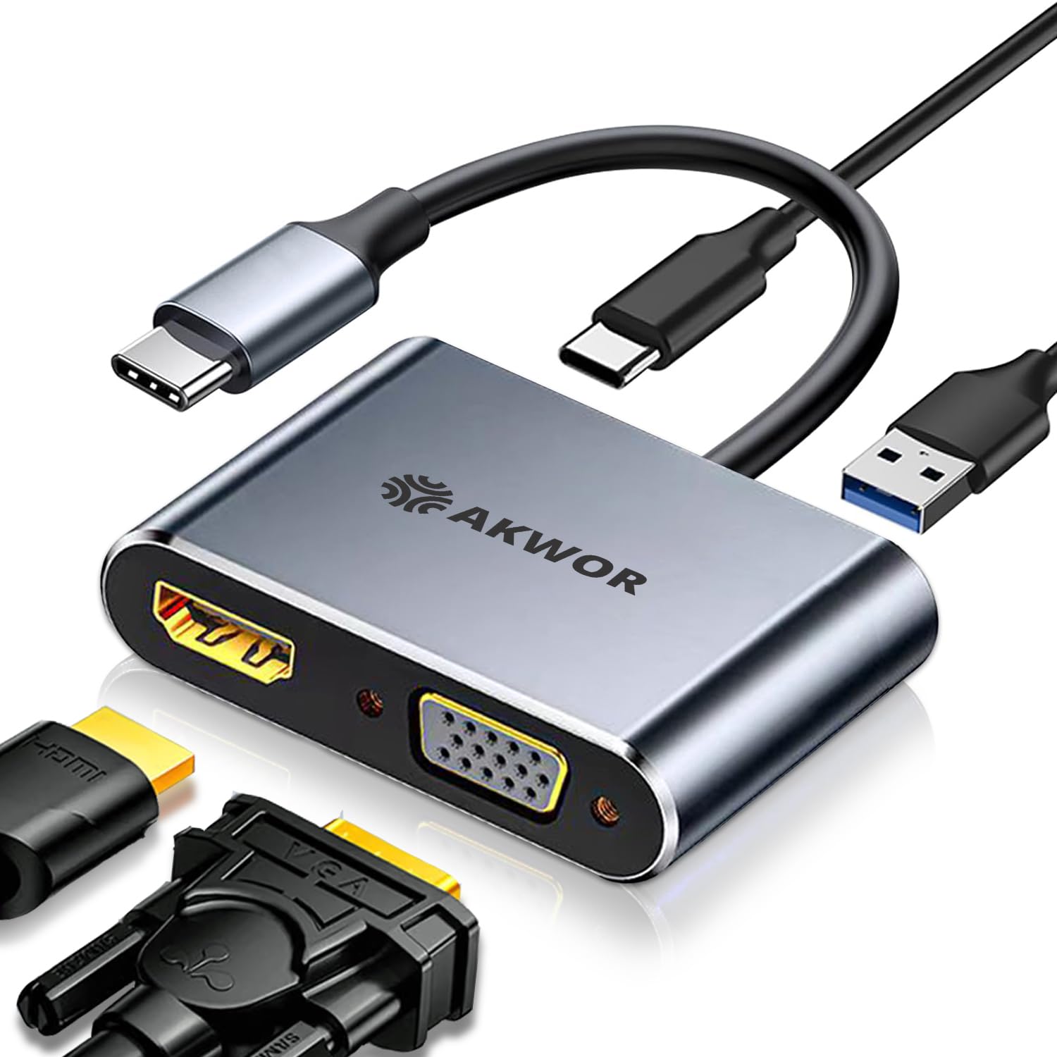 Photo 1 of AKWOR 4-in-1 USB-C Hub with HDMI, VGA, USB 3.0, and PD Charging