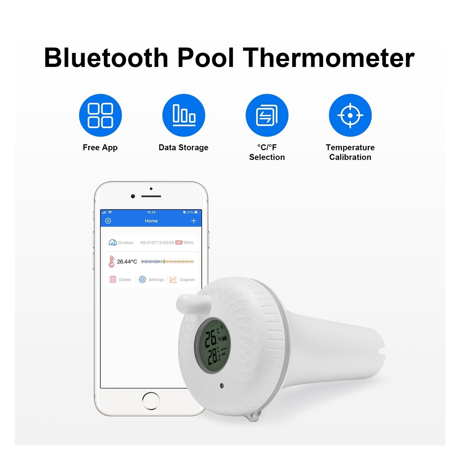 Termómetro flotante inalámbrico for piscina, IPX7, digital, resistente al agua, for estanques, acuarios, jacuzzis y piscinas(Bluetooth Version)