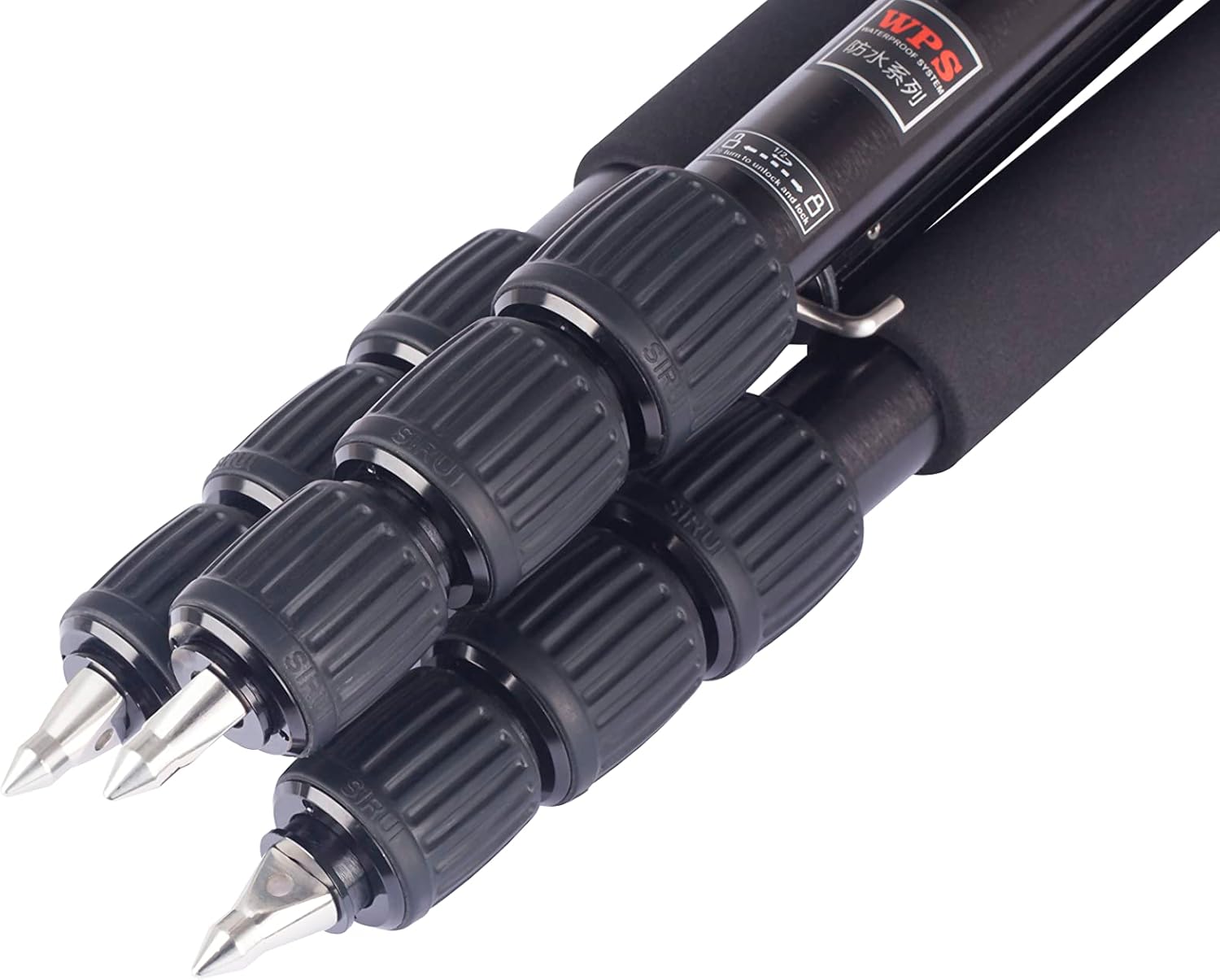 Close-up of Sirui W-2004 tripod leg with stainless steel spikes installed