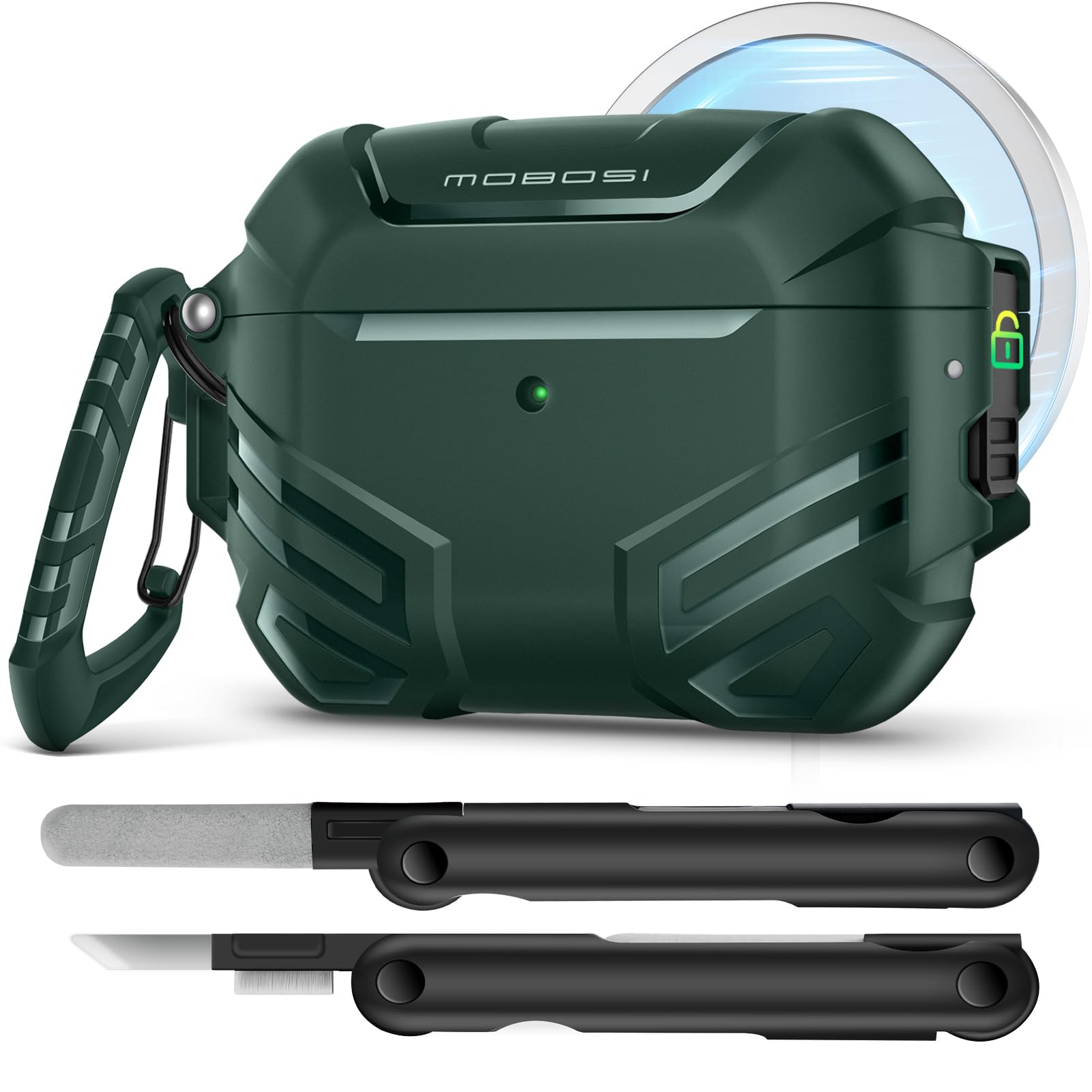 Photo 1 of MOBOSI for AirPods Pro 3 Case with Lock, Compatible with AirPod 3rd Gen Cover [Fit for MagSafe], Military Grade Hard Shell for iPods Pro3 with Cleaner Kit & Keychain for Men(2025), Green