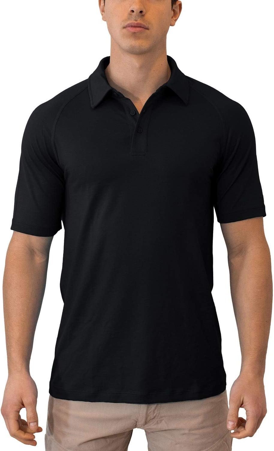 Woolx Men's Summit Lightweight Breathable Merino Wool Short Sleeve Polo Shirt, Black, Medium