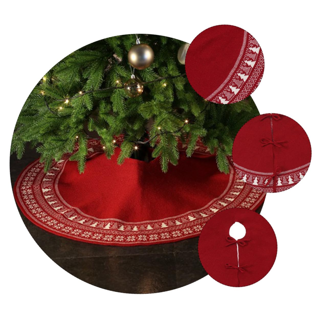 Sosoport Weihnachtsbaumschürze aus Gestricktem Material mit Schneeflocken und Baum-Elementen Dekorationsdecke für Weihnachtsbaum und Feiertage