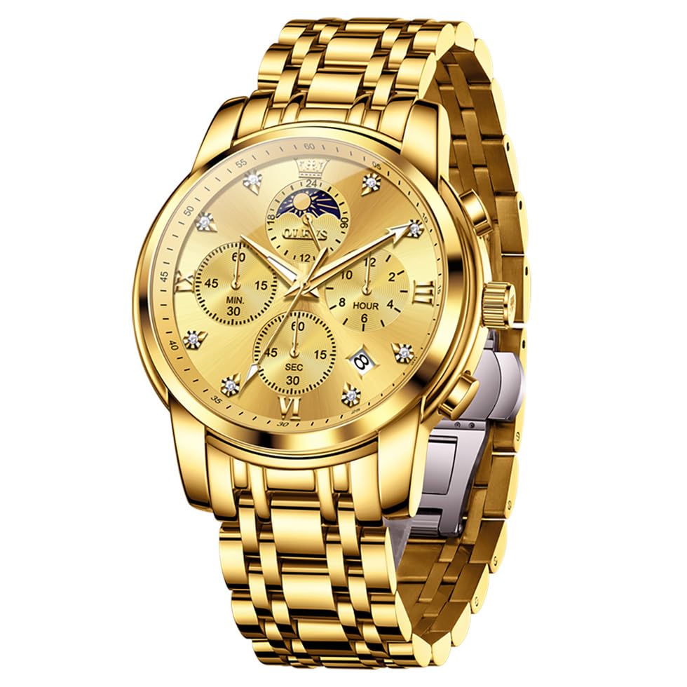 Image of OLEVS Multifunctional Chronograph Calendar Watch for Man Diamond Analog Moon Phases Wrist Watches Stainless Steel Waterproof Luminous Mens Watch