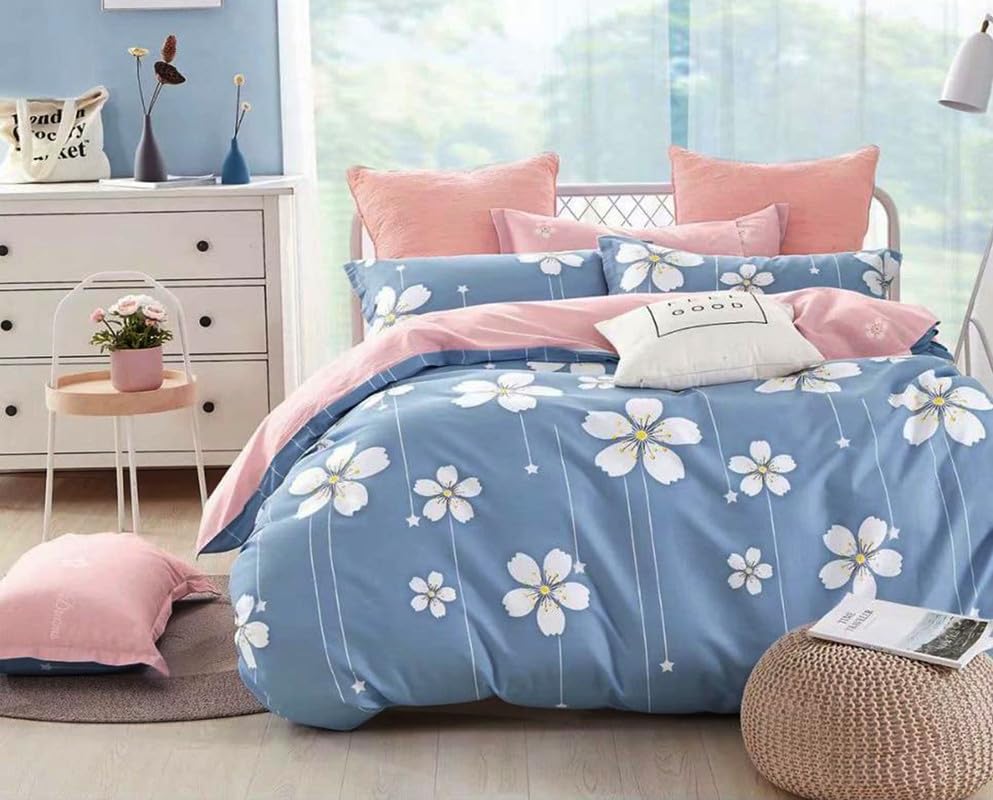 Image of Polycotton Double Bed Bedsheet, Flat Sheet with 2 Pillow Covers, Queen (90x100 inch), 300 TC, Blue & White, Set of 3