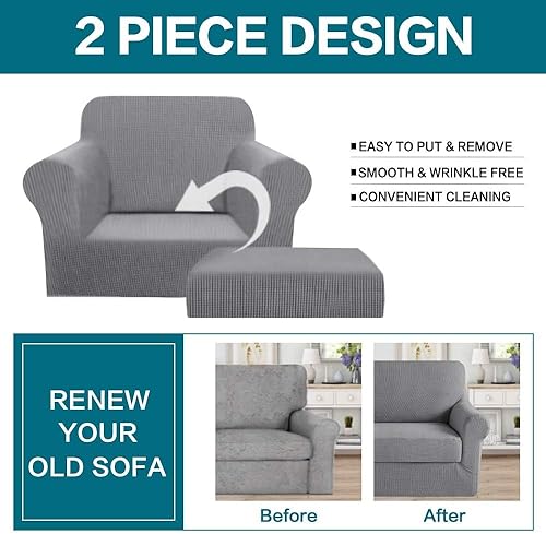 Vista 445 de Turquoize - Funda elástica para sofá de 2 piezas y 3 cojines, funda protectora lavable con elástico en la parte inferior, tela jacquard gruesa