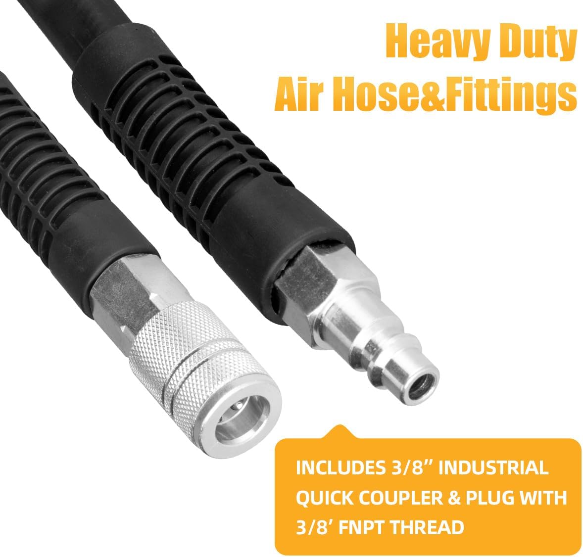 SANFU Hybrid Air Hose 1/2”ID x 50FT, 300PSI Durable, Heavy Duty, 3/8" and 1/4" Air Fittings Kits Reassembled, Bend Restrictors, Black(50’)
