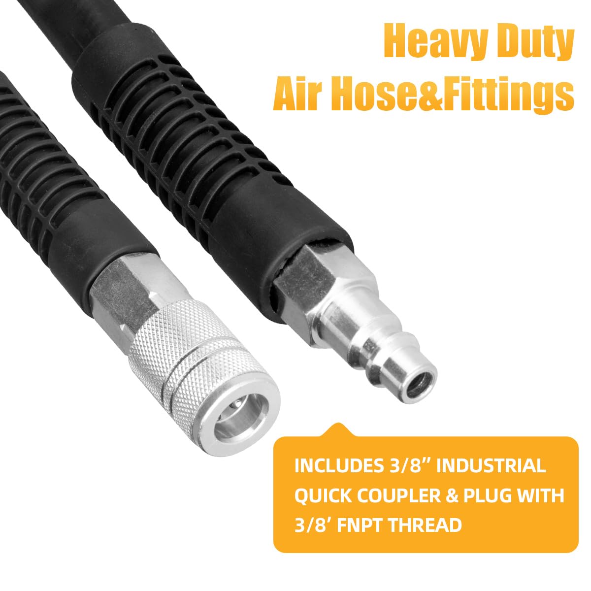 SANFU 1/2" X 25FT Hybrid PVC/Rubber Air Hose – 300PSI, Heavy Duty, With 3/8" & 1/4" Fittings Kit, Bend Restrictors, All-Weather Use, Black