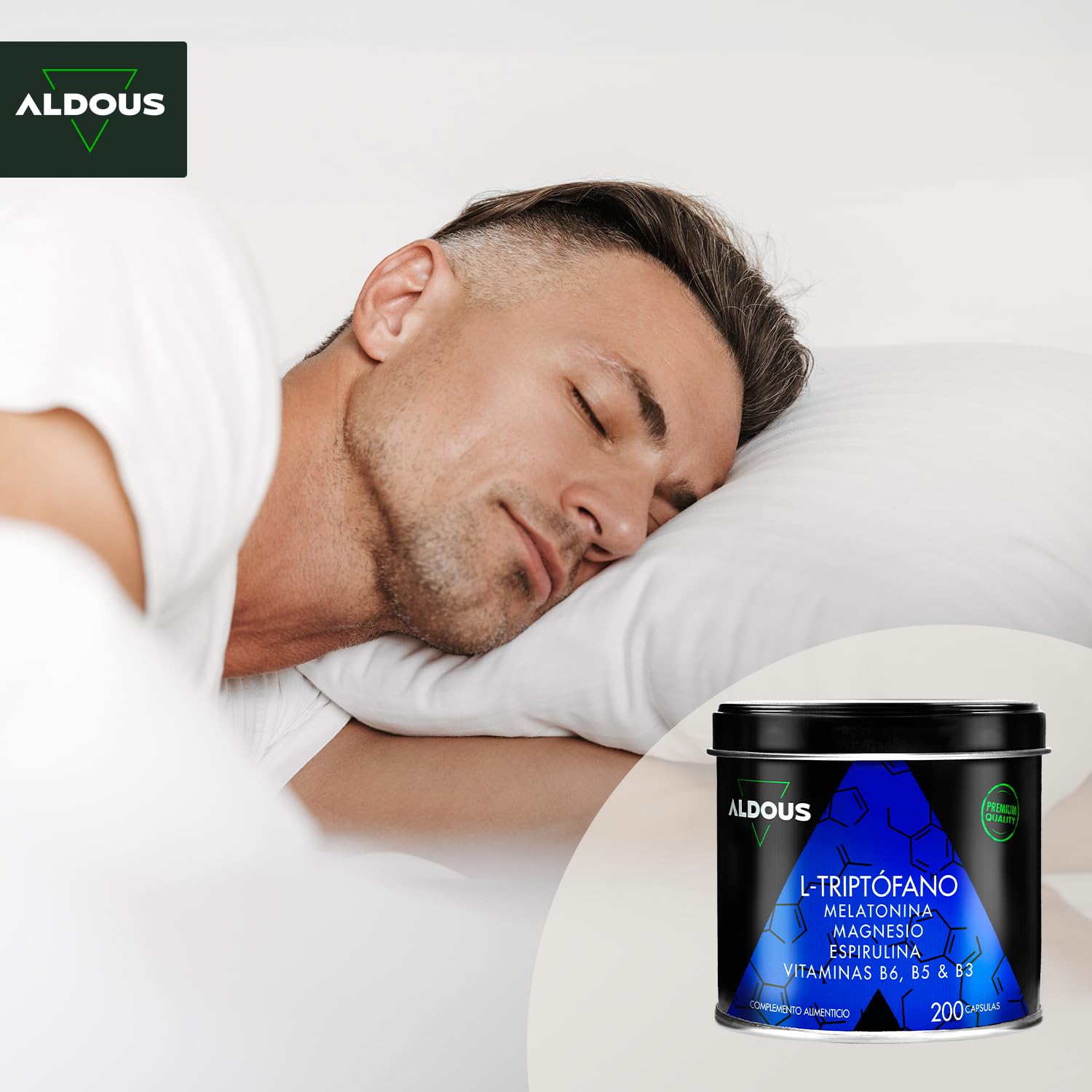 200 Cápsulas Triptofano con Melatonina y Magnesio + Vitamina B6, B5, B3 + Espirulina - Máxima Dosis Sueño + Descanso - 1,78mg de Melatonina con Magnesio - 600mg de Triptófano para Dormir Bien - ALDOUS