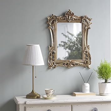 Ornate Wall Mirror, Rectangular Decorative Mirror, Antique Mirror, Vintage Home Decor for Living Room, Bathroom, Bedroom, or HallwayBrass