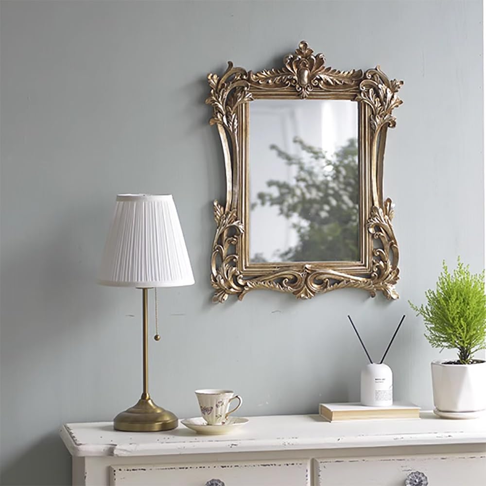 SXFSDOU Decorative Wall Mirror, Baroque Style Vanity Luxury Mirror Rectangular, Antique Bathroom Gold, Victorian for Entryway(Brass)