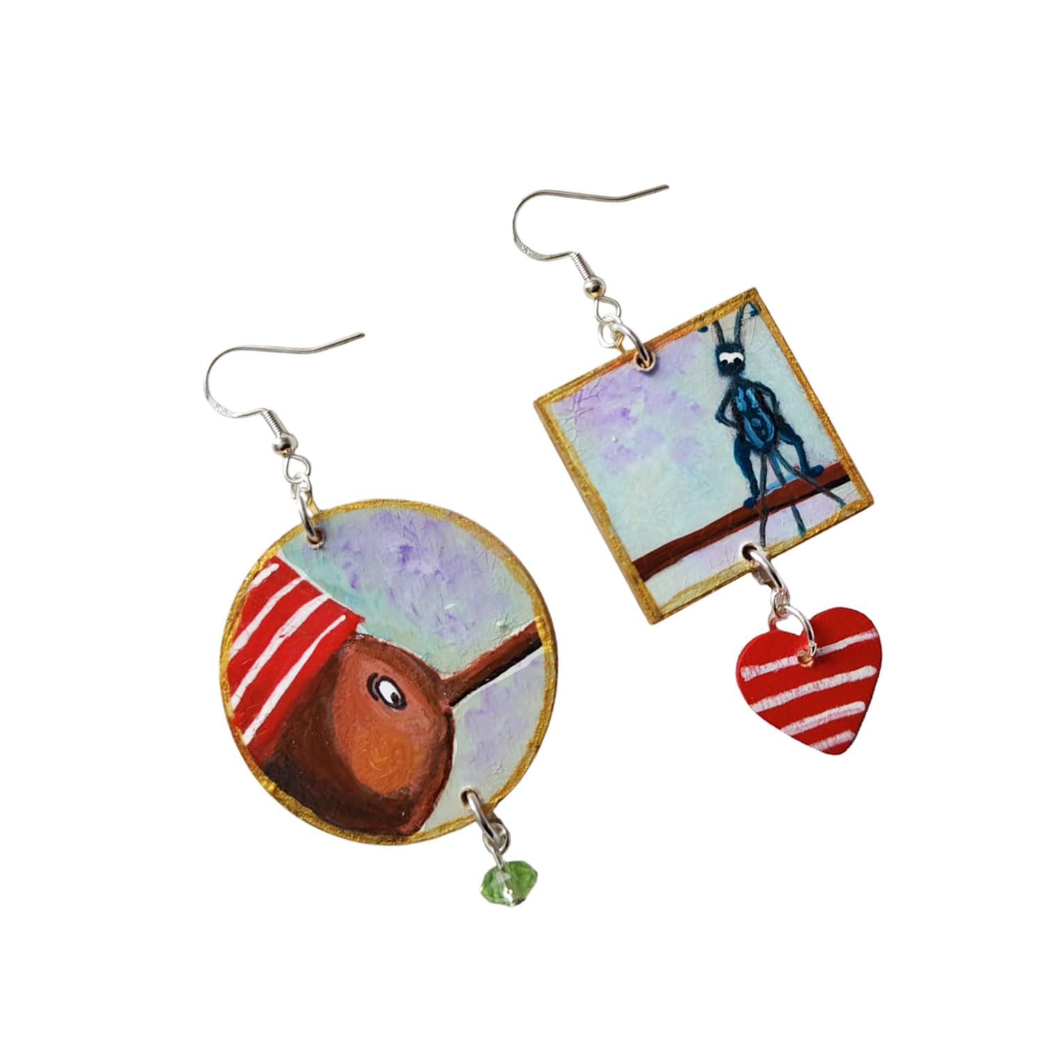 Pendientes pintados a mano - PINOCHO de Collodi - Asimétricos de mujer, joyas ligeras, ganchos tipo monachella de plata, Made in Italy, Elaboración artesanal, Idea de regalo, Bisutería original