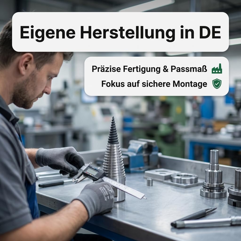 Holzspalter Drillkegel Ø120mm für 3T Rotator, Aufnahme 49,5–50mm, Linksgewinde 6mm Steigung, ca. 300mm Länge, C45 Stahl, wechselbare gehärtete Spitze, Querbohrung für 25mm Sicherungsbolzen