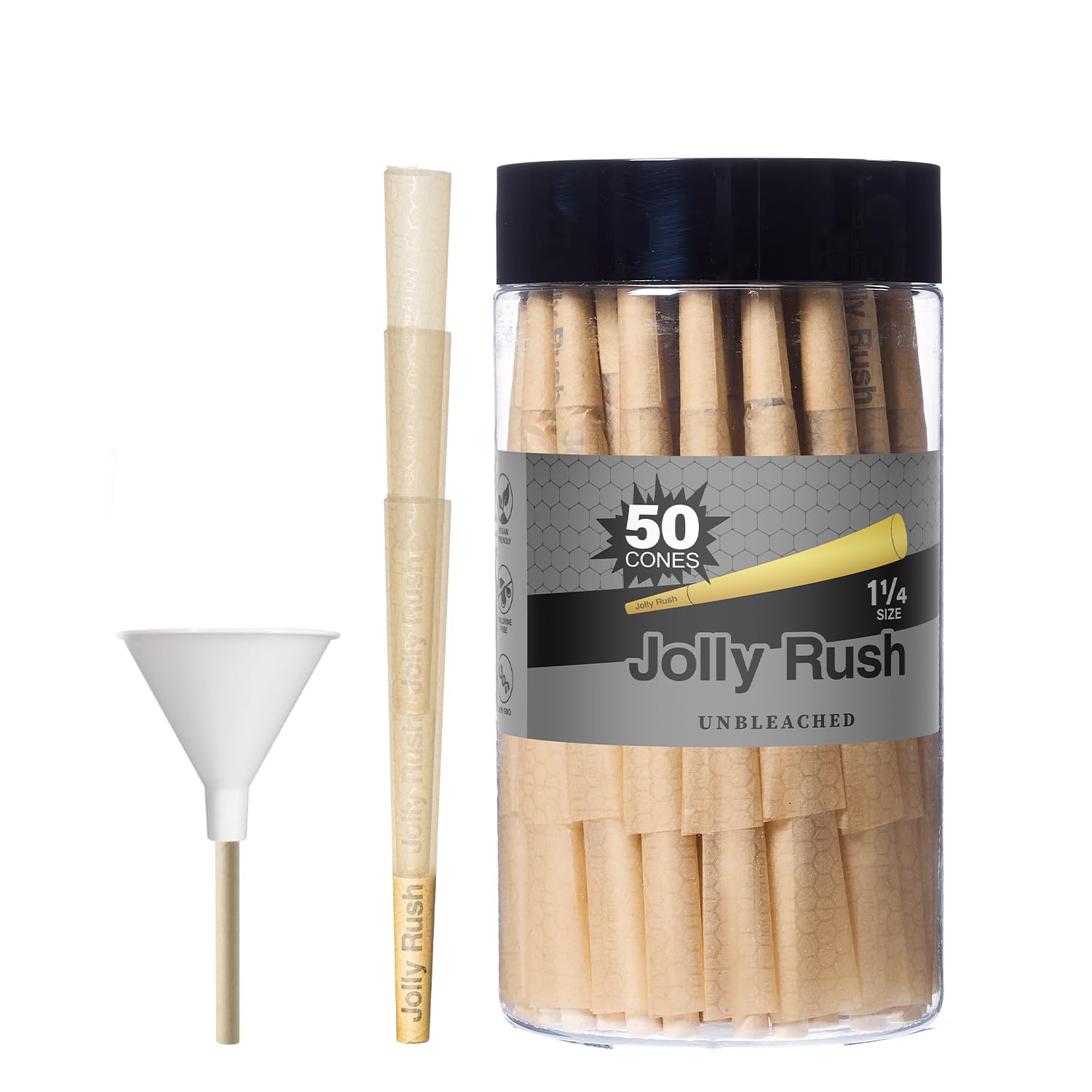 JOLLY RUSH Cones Pre Rolling Rolled Papers - 1 1/4 Size - 50 Pack Preroll Paper Rolls Cone -