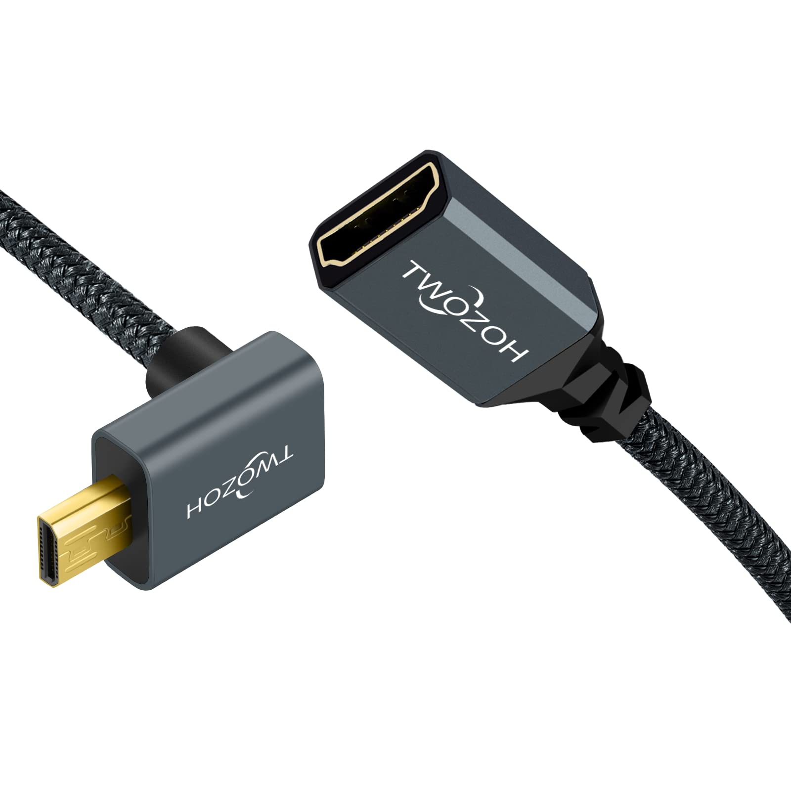 Twozoh Cavo prolunga da Micro HDMI a HDMI Angolato verso il basso 0,2M, Nylon intrecciato 90 Gradi Micro HDMI Maschio a HDMI Femmina supporto 4K/60Hz 1080p