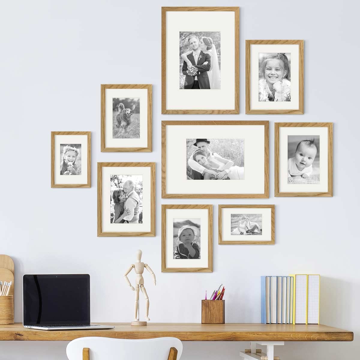 PHOTOLINI Echtholz-Bilderrahmen-Set mit Passepartout, 9er Rahmenset, Eiche, Holzrahmen Made in EU, bruchsicheres Acrylglas, zum Aufhängen, extra Zubehör - für Fotos & Bilder