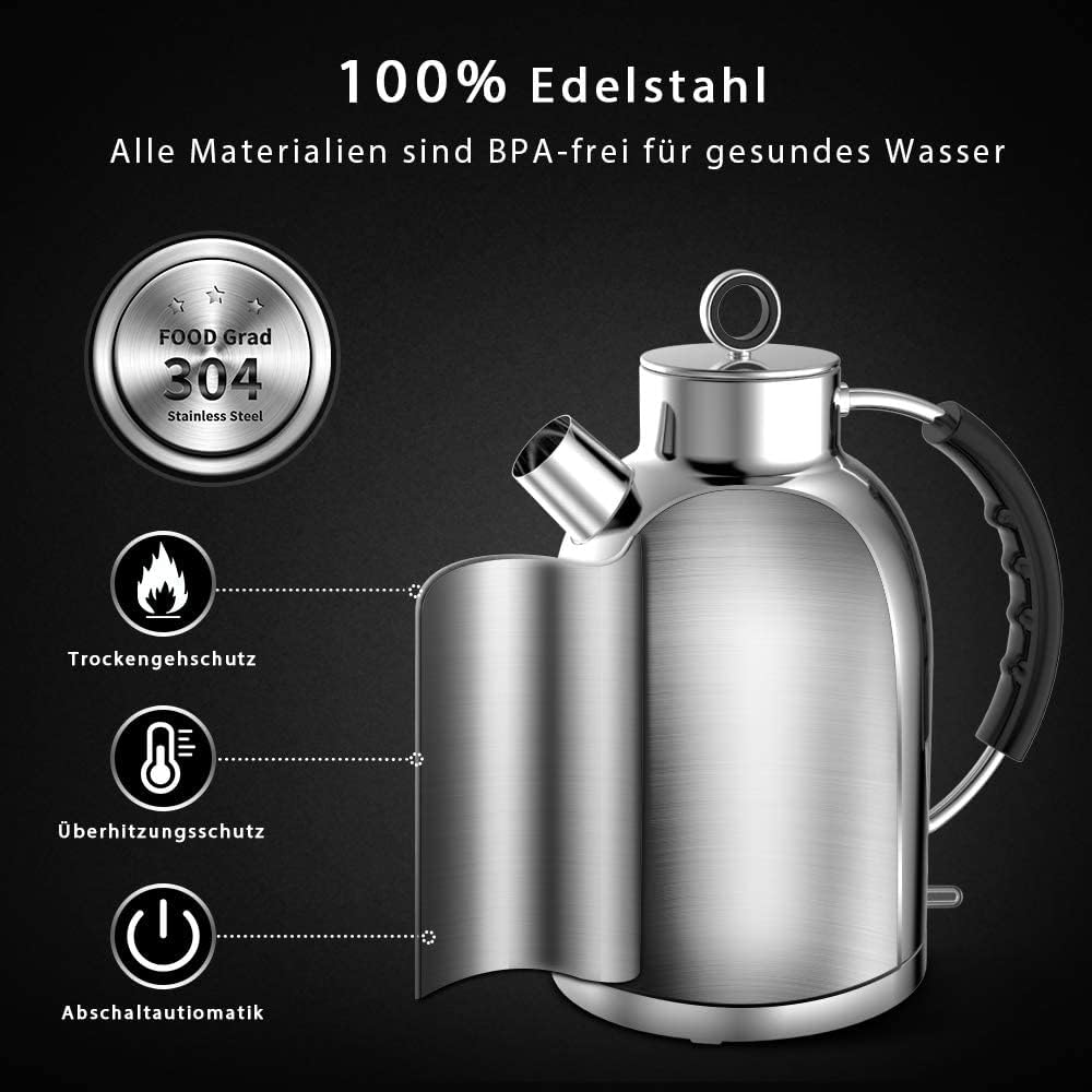 ASCOT Bollitore in acciaio inox, bollitore elettrico, regali per uomo/donna/famiglia, 1,5 litri, retro bollitore per tè a secco, spegnimento automatico (argento lucidato)