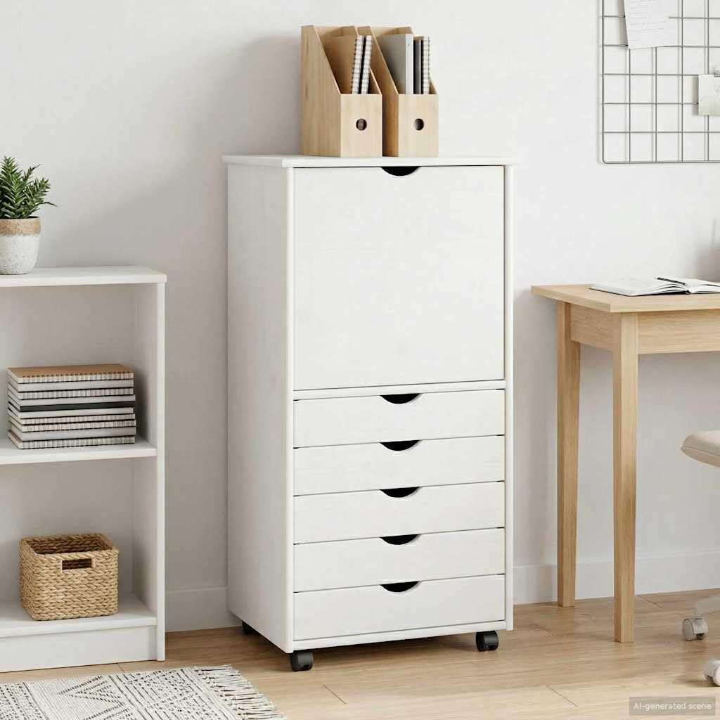 Rollschrank Kiefer Massivholz Weiß 53 x 39 x 103 cm Mobiler Rollcontainer mit 5 Schubladen und 1 Fach Moderner Beistellschrank für Home-Office Arbeitszimmer und Wohnzimmer