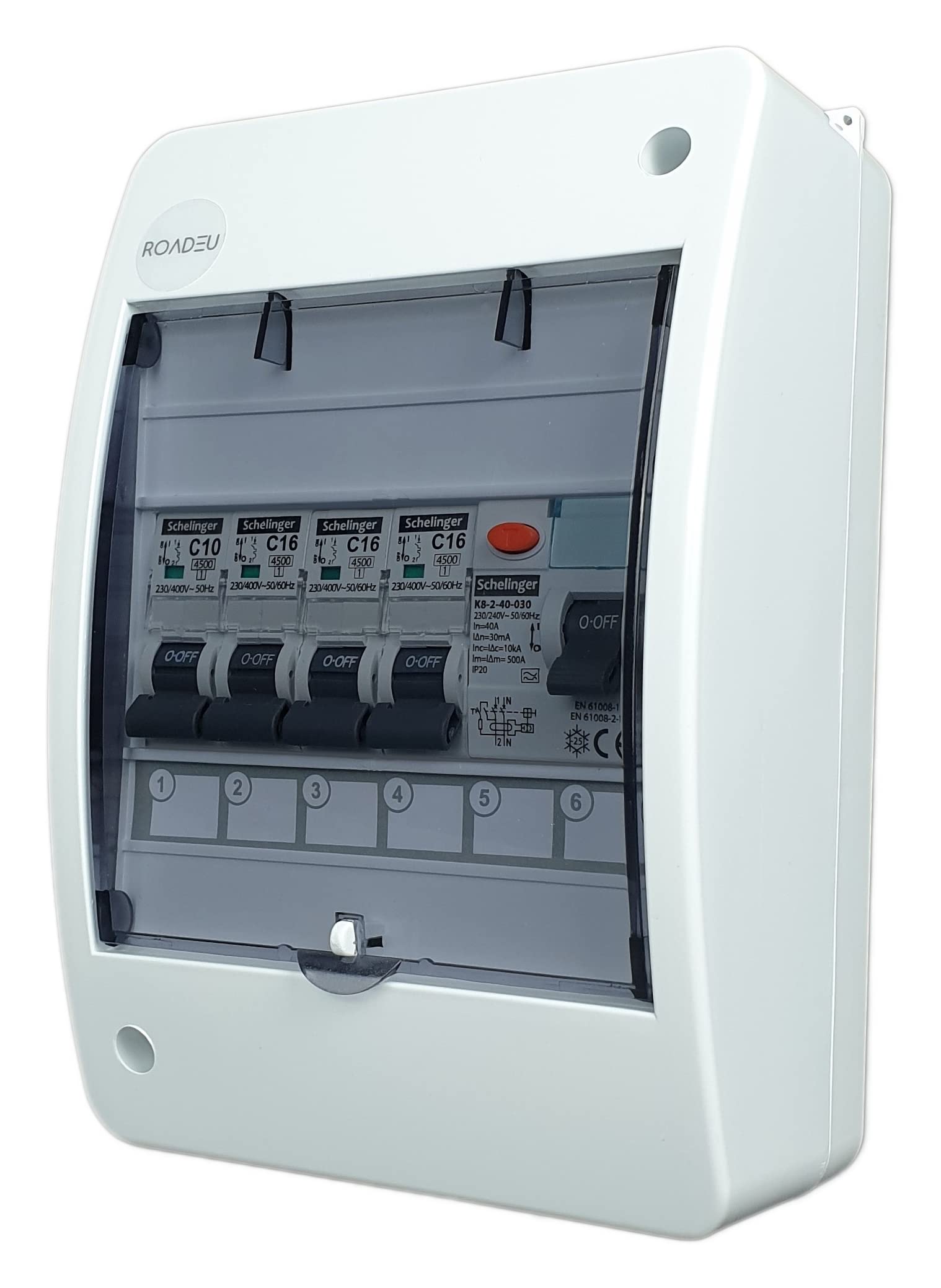 RoadEu - Coffret de chantier Tableau Electrique, Boîte à fusibles à montage en saillie avec disjoncteur différentiel 40A 30mA 2P et 3 x C 16A C 10A 230V