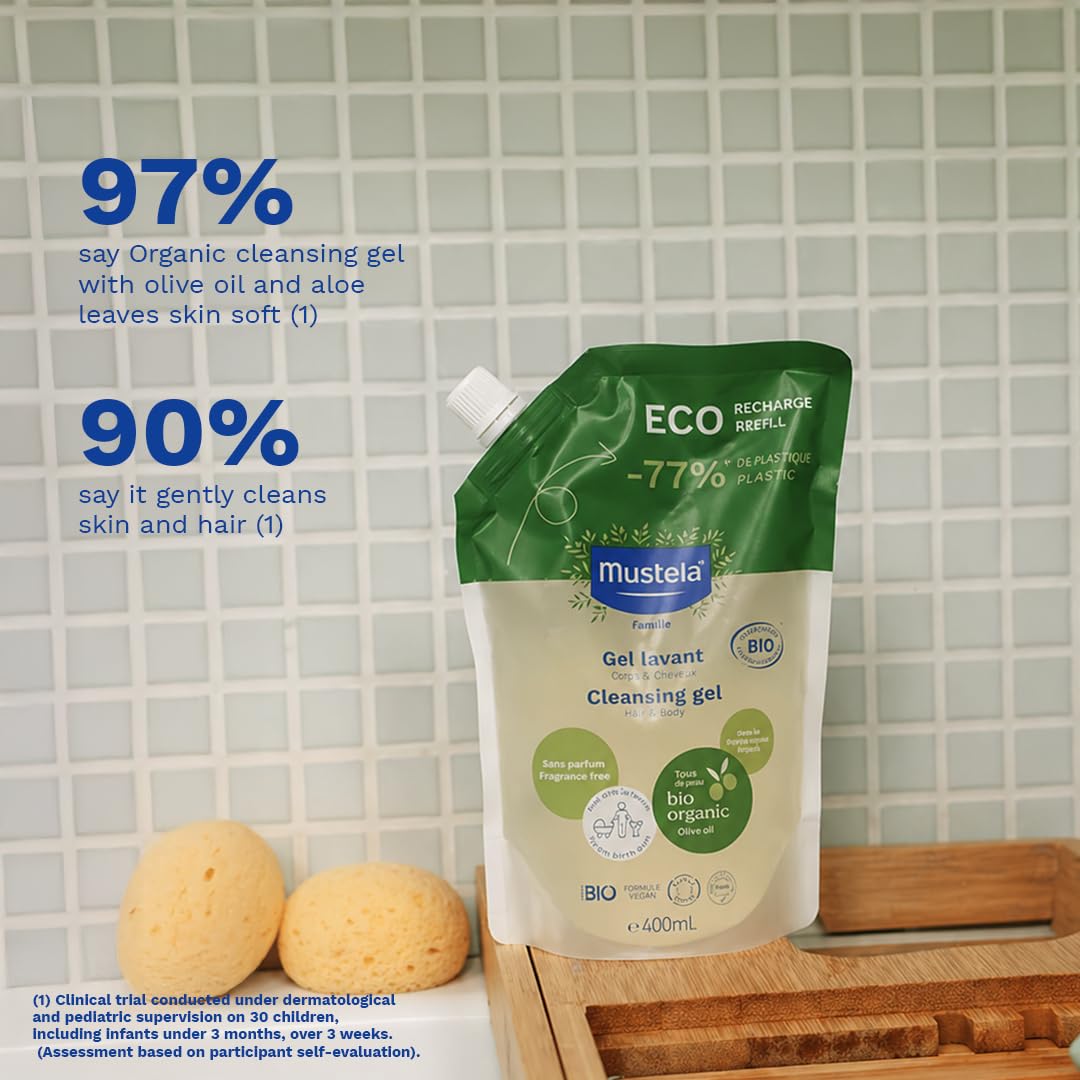 Mustela Eco Recarga Gel Limpiador Bio Vegano, Aceite de Oliva, Aloe Vera y Glicerina, Cuerpo y Cabello, Bebé, Toda la Familia - Limpieza Suave, 99% Ingredientes de Origen Natural (400ml)