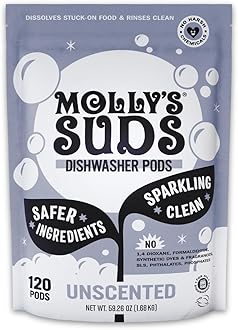 Molly's Suds Dishwasher Pods | Clean Dishwasher Detergent, Cuts Grease & Rinses Clean (Residue-Free) for Sparkling Dishes | 120 Auto-Release Tabs (Unscented)