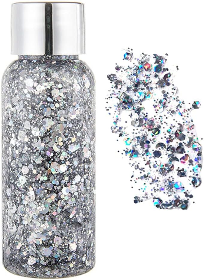 Body Glitter Gel Mermaid Scale Sequins Skin Long Lasting Sparkling Cream Eyeshadow Lip Nail Hair Painting Glitter Decorate Art Festival Party Make up Powder (Silver)