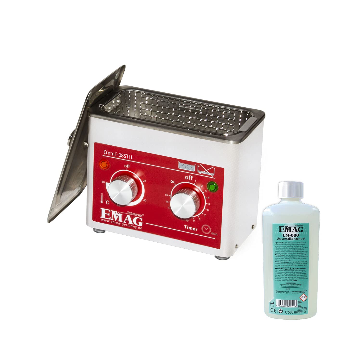 EMMI Set universale da 08 pezzi con 1 detergente universale EM-080 – 500 ml, 600 ml, detergente per bagno a ultrasuoni 45 kHz per occhiali, gioielli e molto altro ancora