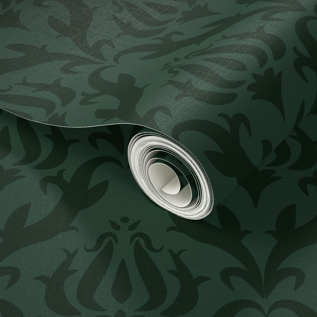 Peel & Stick Wallpaper Swatch - Dark Green Victorian Damask Pine Gothic Moody Vintage Style Custom Removable Wallpaper by Spoonflower