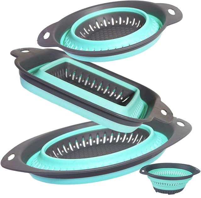 BXXY Set of 3 Collapsible Kitchen Colander/Strainer Perfect for Draining Pasta Vegetable Fruits (Turquoise(3Pcs)