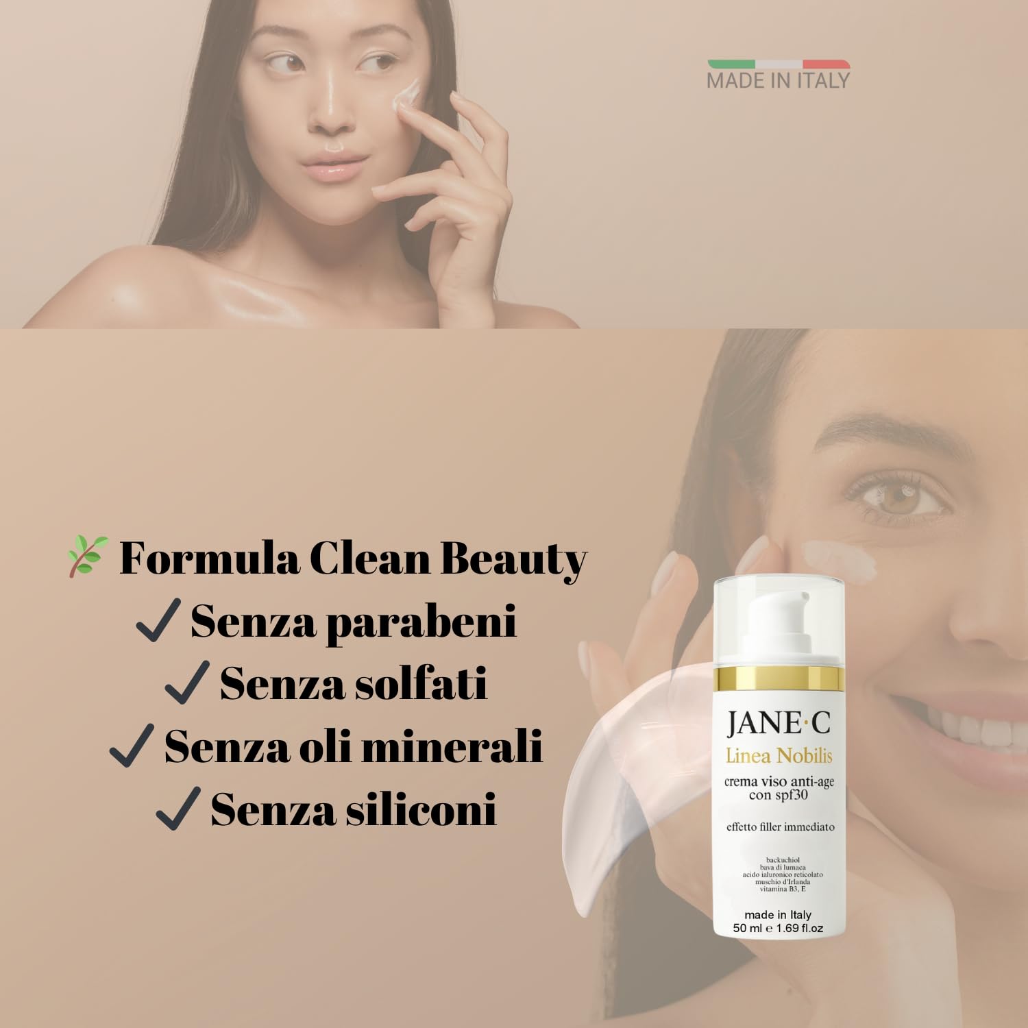 JANE•C Crema Viso Antirughe Effetto filler con SPF30 – Skincare Coreana Anti-Age con Retinolo Vegetale,Bava di Lumaca, Acido Ialuronico, Vitamina B3 – Idratante e Illuminante – 50ml Made in Italy