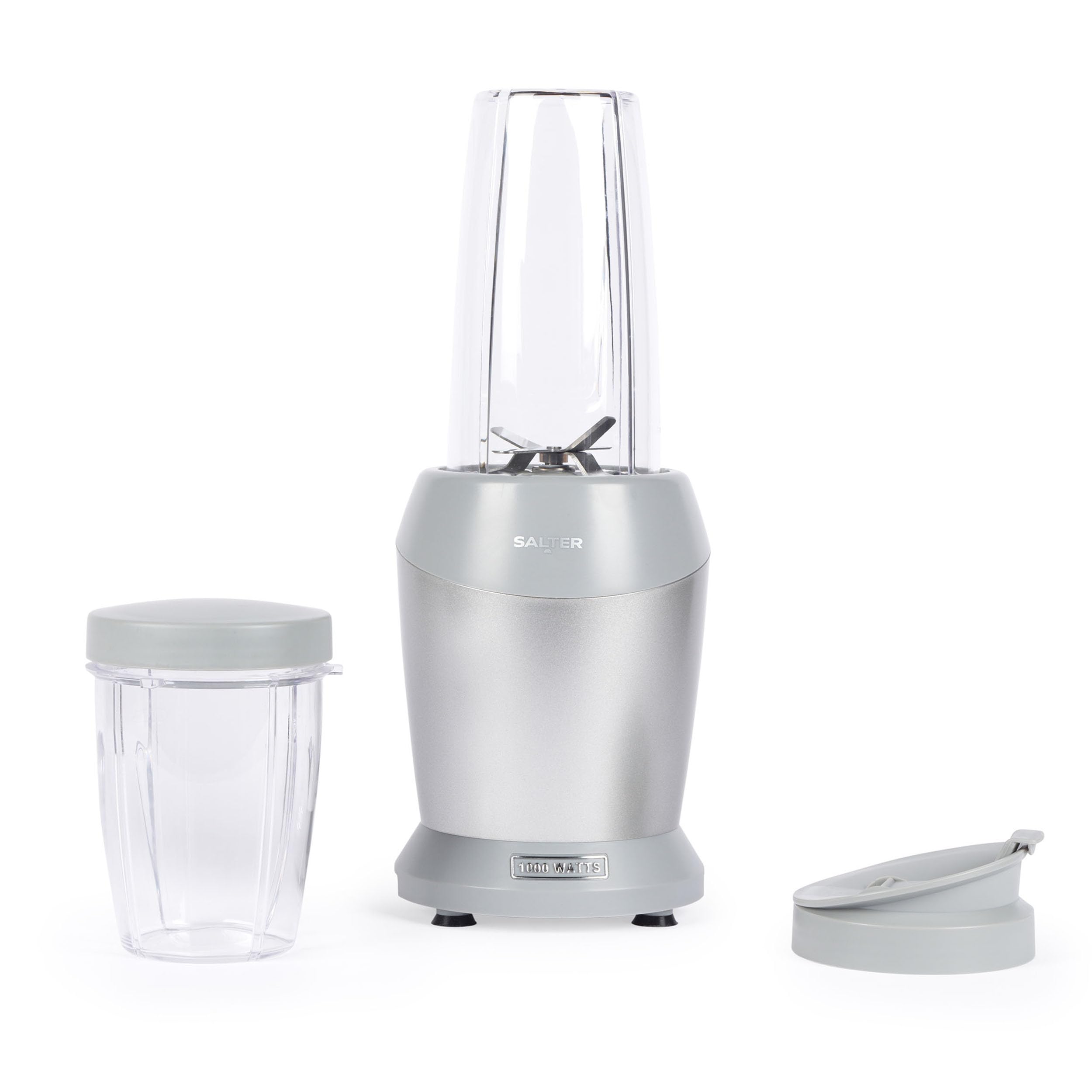 Salter Aspen NutriPro Blender – Compact Personal Food Blender, Mini Smoothie Maker, 1L Blending Jug with Storage Lid, 800ml Drinking Cup, Detachable 6-Wing Blade, BPA-Free, 1000W, Silver