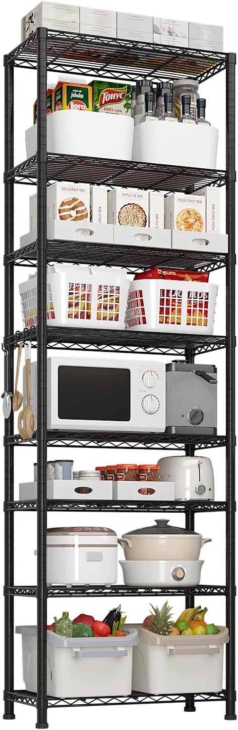 Metal Storage Shelf, Garage Storage Organization Wire Rack, Adjustable 8 Tier Wire Shelf, Modern Style, Space Saving Design for Home Office, Living Room, Bedroom, 24" W x 14" D x 80" H, Black