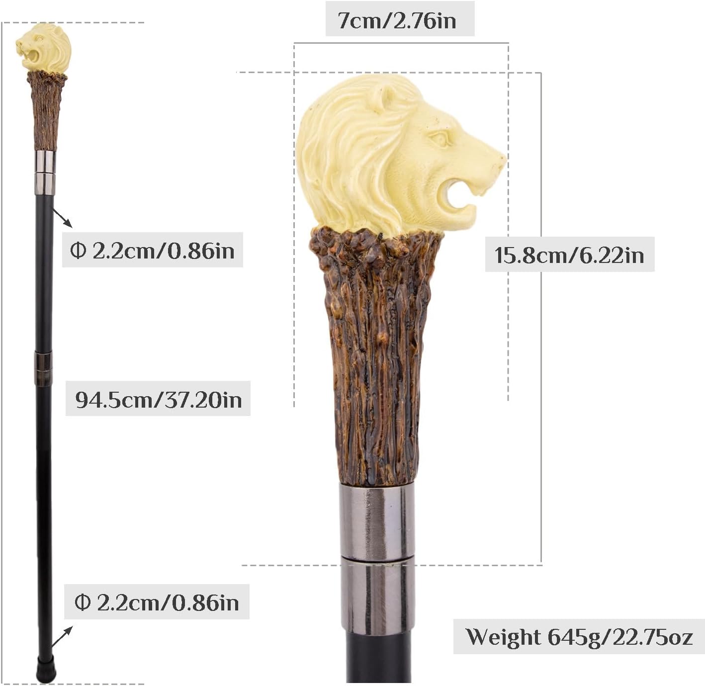 Wooden Lion Walking Cane, Luxury Men Womens Walking Stick, Removable Anti Slip Scepter, Cospaly Vintage Party 94cm
