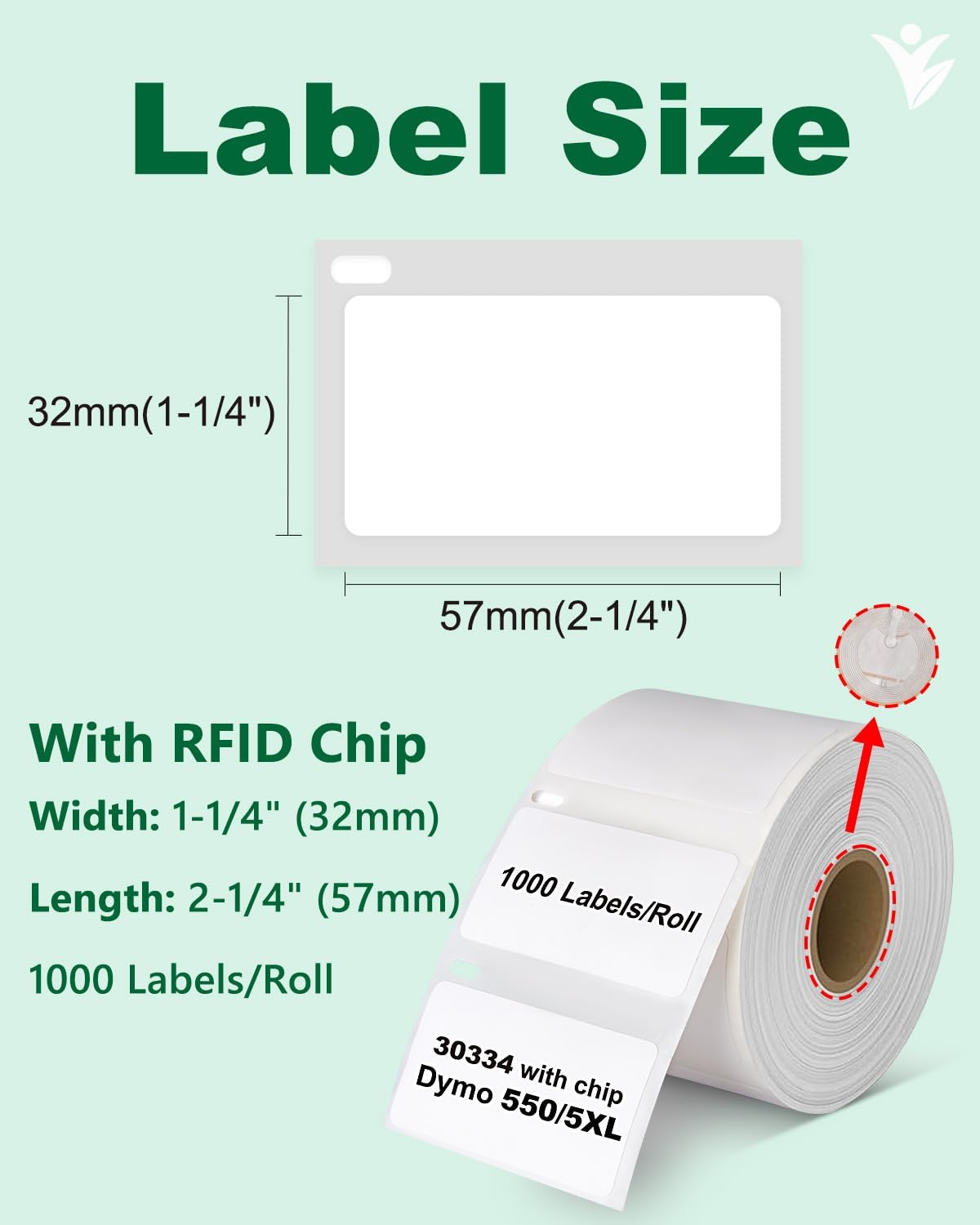 30334 Multi-Purpose Labels with RFID Chip Compatible with DYMO Labelwriter Printers 5XL, 550, 550 Turbo, 450 Twin Turbo, 4XL, 450, Wireless, 2-1/4" x 1-1/4", 2 Rolls, Total 2000 Labels