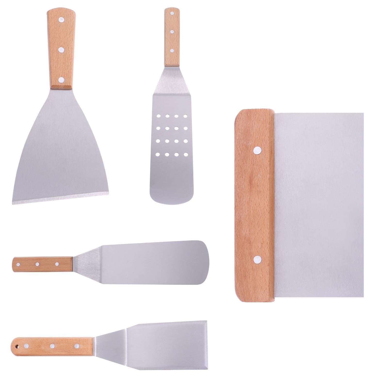 SHOWERORO Espátula de Acero Inoxidable Mango de Madera 5 Piezas para Pizza Bistec y Repostería Utensilios de Cocina Resistentes y Prácticos para Transferencia de Alimentos