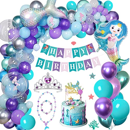 Meerjungfrau Geburtstagsdeko Mädchen,Mermaid Balloon Arch Kit mit Happy Birthday Banner Cake Topper Meerjungfrau Schwanz Foil Luftballons Krone Halskette,Meerjungfrau Geburtstags Party Baby Kinder Cover