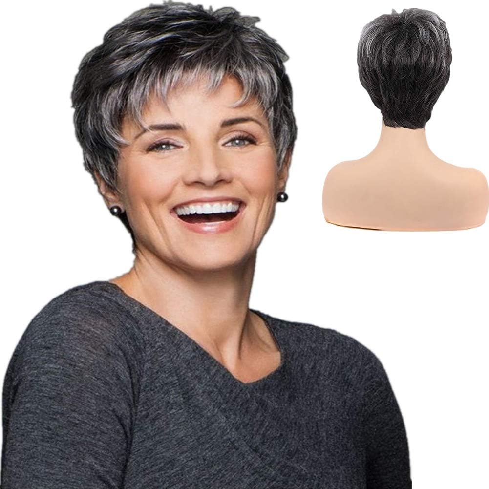 Kaneles Short Pixie Cut Gray Wig for Women with Bangs Black and Gray Synthetic Hair Wig for Daily/Party