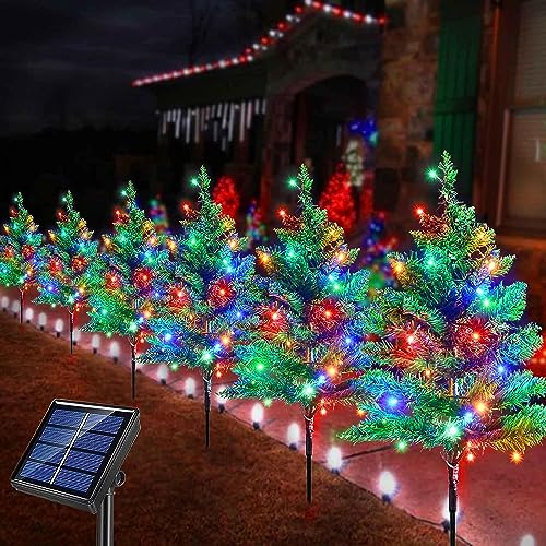 Ezzfairy Upgraded 6-Pack 120 LED Solar Christmas Garden Stake Lights, Outdoor Waterproof Solar Xmas Tree Yard Stake Christmas Pathway Lights for Christmas Decorations Garden Yard Lawn Pathway(8 Modes)